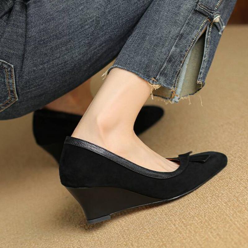 Весна/осень Женская обувь из овечьей замши Туфли для женщин Туфли-лодочки на толстом каблуке с острым носком Туфли Мэри Джейн на танкетке