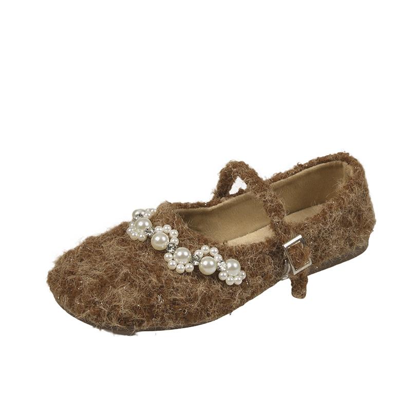 Модная осенняя новая плоская обувь одинарного фасона женская с круглым носком, мелким вырезом, линией из бусин, с мягкой подошвой, противоскользящая, низкая