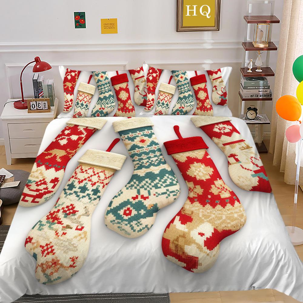 Рождественская печать 3D-печать Полиэстеровая наволочка Пододеяльник Набор из двух или трех предметов