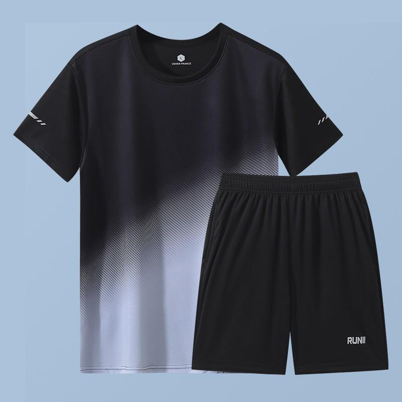 Mens Quick-Dry Ice Silk Sport Set Short Sleeve T-Shirt Shorts Running Gym Badminton