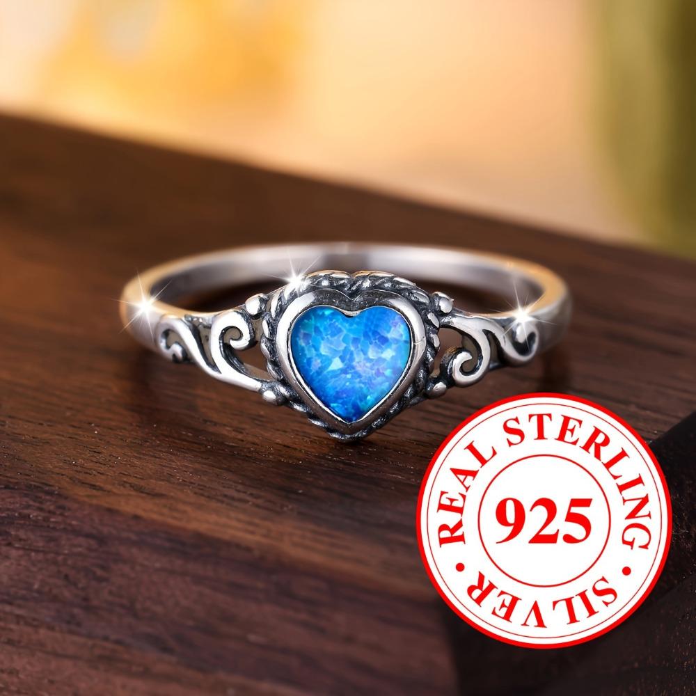 S925 Sterling Silver Heart-shaped Blue Opal Ring for Women Simple Wedding Engagement Jewellery Gift