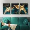 Набор из 3 синих абстрактных картин с изображением океана, золотого кита и рыбы, роскошная гостиная, проход, украшение для дома, настенная живопись, картина на холсте, постер, живопись