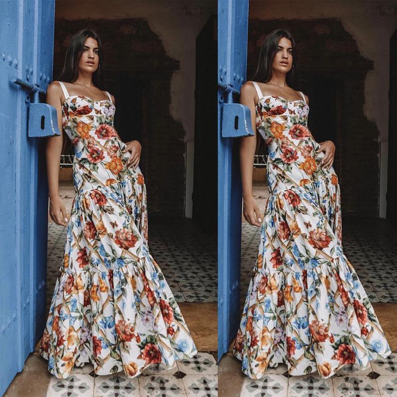 Летнее женское сексуальное платье без рукавов с принтом и длинными подтяжками 2025 года.