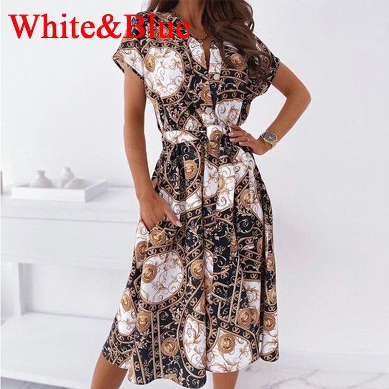 Summer Women Shirt Lace-Up Belt Dress V Neck Button Short Sleeve Party Dress Vintage Pattern Print A-Line Midi Dresses