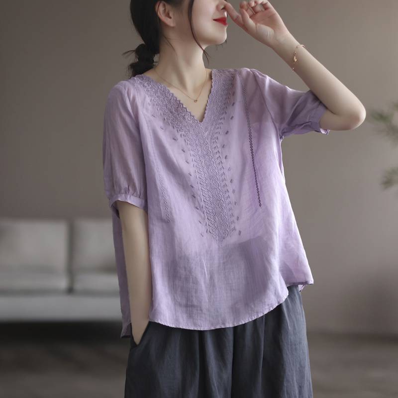 Летние женские свободные футболки с короткими рукавами и вышивкой в стиле ретро