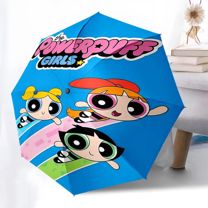 1pc Powerpuff Girls Automatic Opening Closing Umbrella with Portable Tri-Fold Design, 8-Bone Iron Frame Outdoor Umbrella, Perfect Gift for Fans, Trave