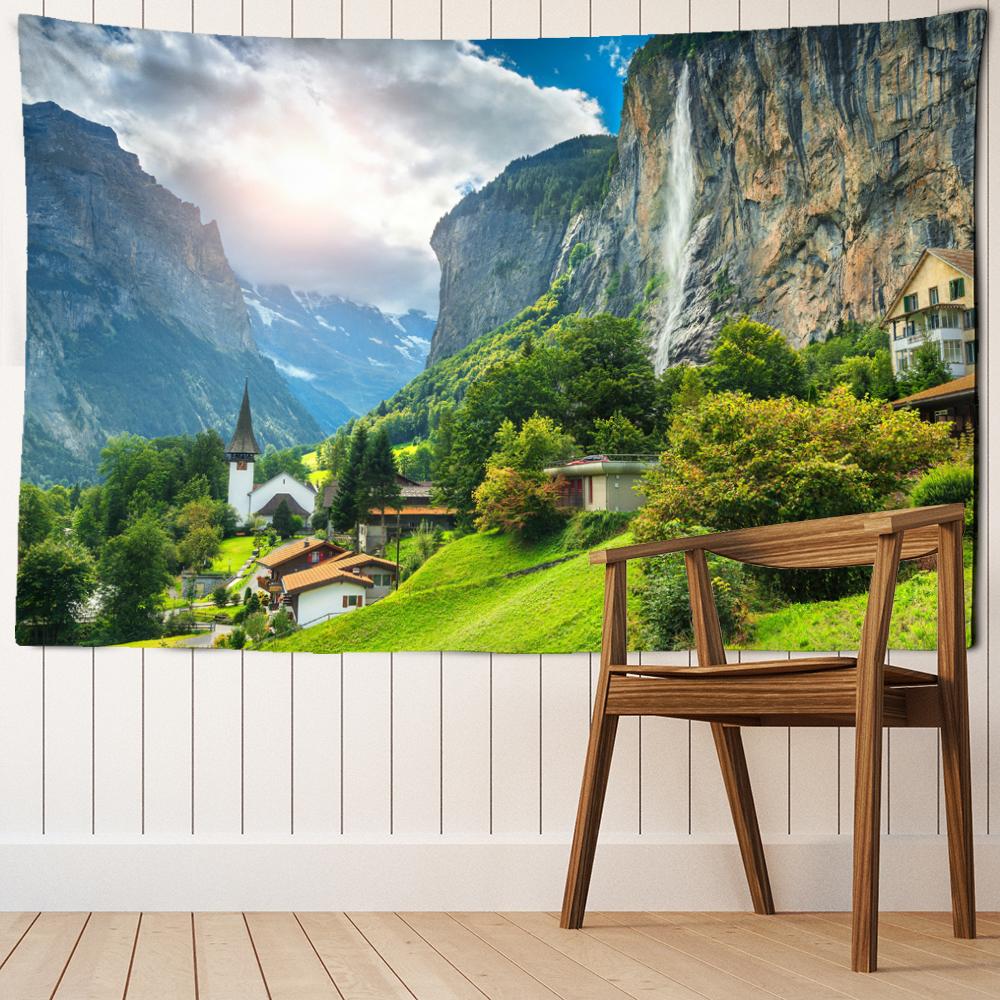 Дом на вершине холма, гобелен, подвесной природный пейзаж, богемный хиппи, эстетическая комната, гостиная, домашний декор