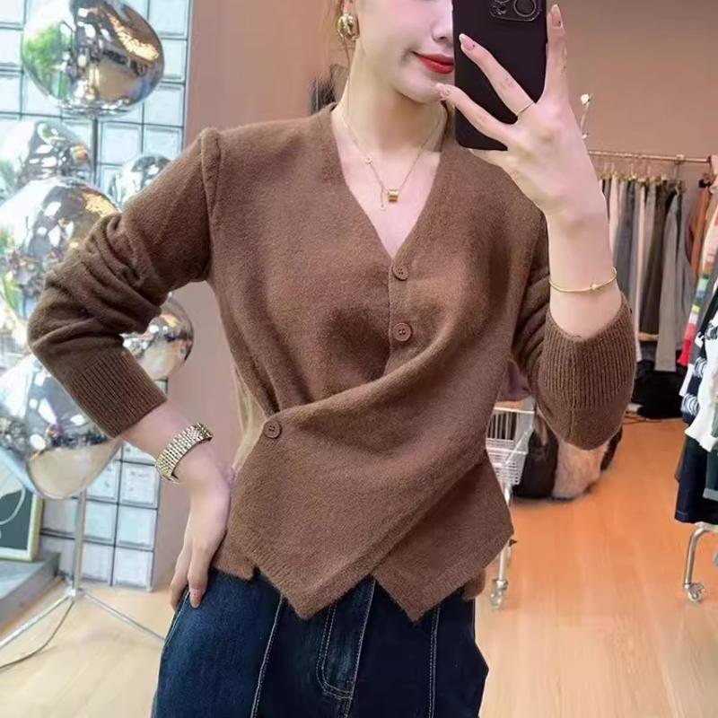 Стильный нерегулярный перекрестный кардиган с V-образным вырезом, осенний свитер, женский кардиган с длинным рукавом, женские вязаные свитера, зимние однотонные облегающие повседневные кардиганы 25308
