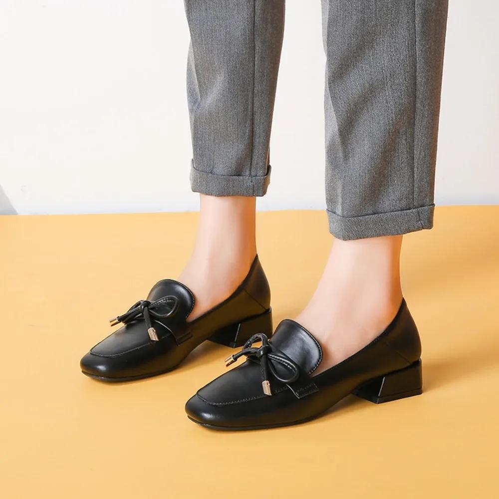 Модные одинарные туфли женские осенние женские кожаные туфли с бантом на толстом каблуке женские мокасины Tacones Mujer