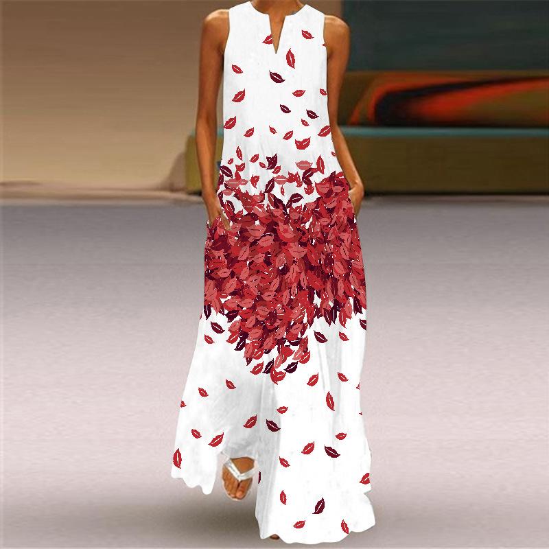 2026 summer women's fashion and sexy digital printing long dress V-neck sleeveless pocket European and American dress S-5XL