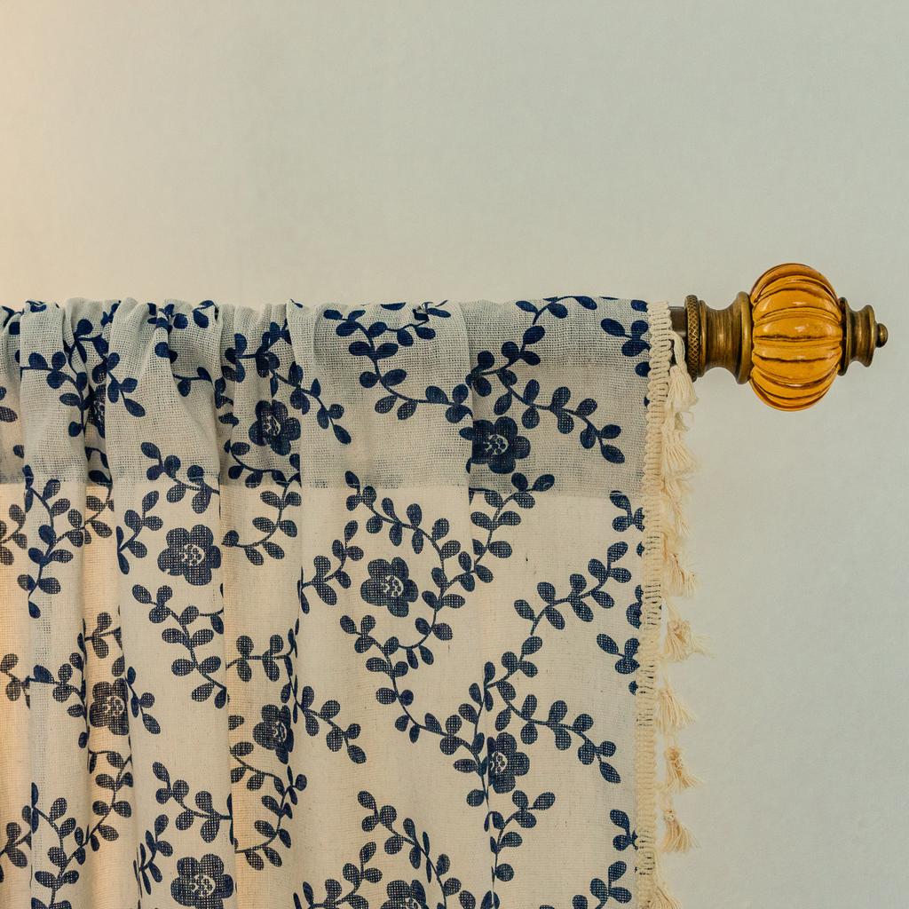 No Punching Through Rod Lace Curtain Finished American Blue Cotton And Linen Printing Balcony Bay Window Table Short Curtain Coffee Half Curtain