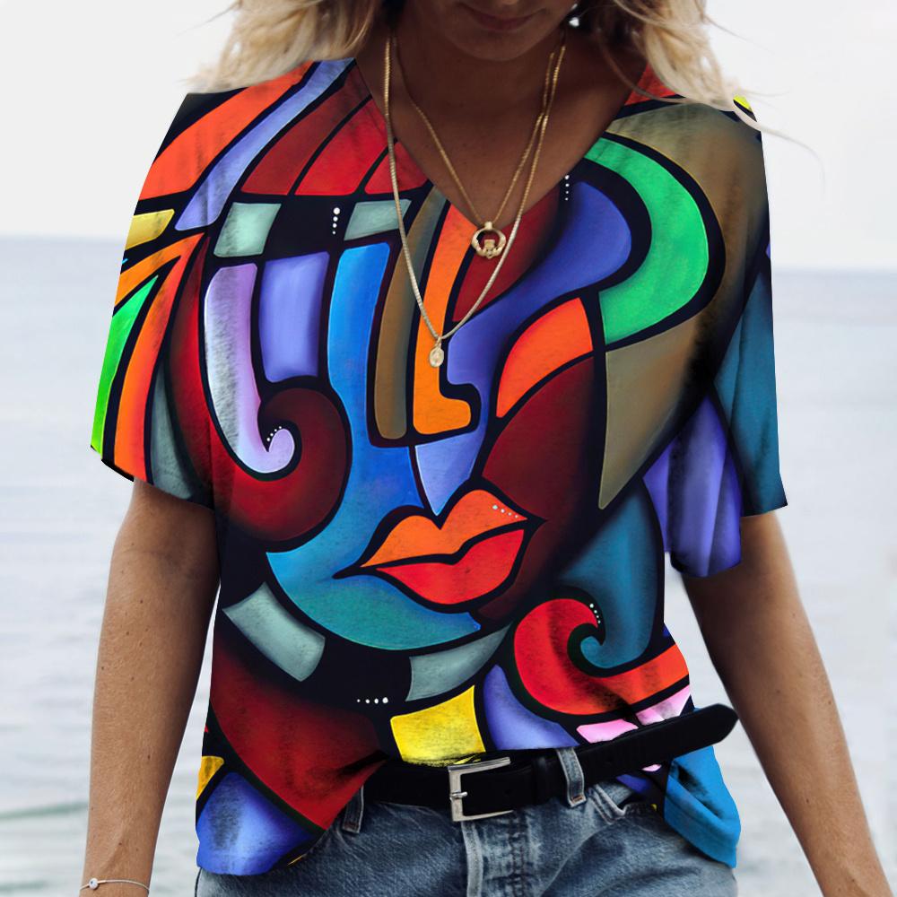 Летние футболки с 3D-принтом в стиле абстракционизма для женщин, модная уличная одежда, футболка с коротким рукавом и V-образным вырезом, футболки Harajuku, топы, одежда