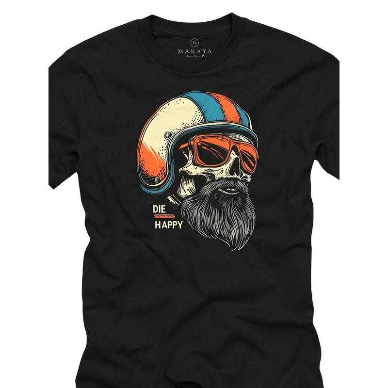 Men'S Motorcycle T-Shirt with Skull Helmet Beard Design | Biker Fun Die Happy Motif, Casual Crew Neck, Slight Stretch Fabric, Regular Fit, Perfect