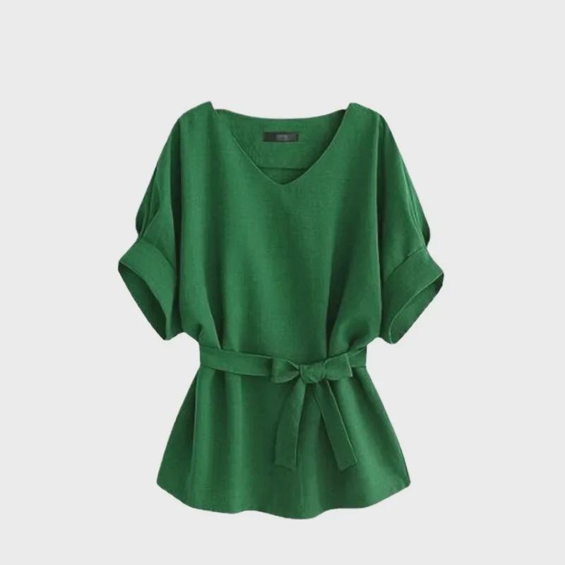 Summer V-Neck Cotton & Linen Bat Sleeve Shirt - Loose Fit, Plus Size Trend