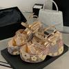 Модные Liyke Сексуальные Сандалии на танкетке 13 см Женские Золотые с пайетками и цветами Толстая подошва Открытый носок Вечерние туфли-лодочки Платформа Высокий каблук Сандалии