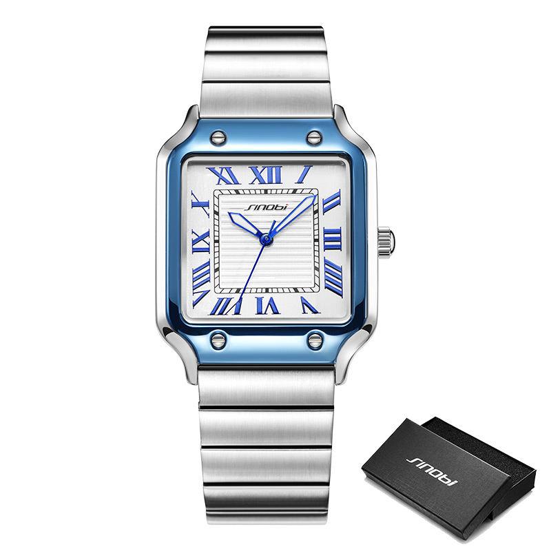 Men's Quartz Watch Square Case Roman Numerals Genuine Leather Strap Waterproof Business Casual Fashion Wristwatch