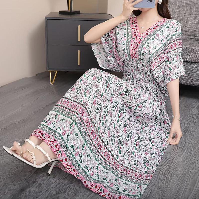 Этническое платье с V-образным вырезом и короткими рукавами из вискозы с французско-тайским принтом для женщин, к 25-летнему юбилею