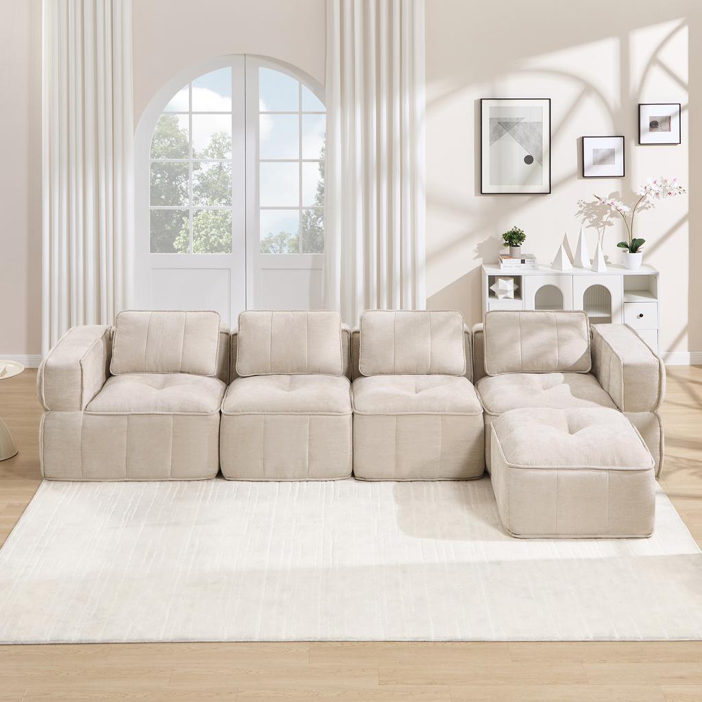 4-Seater L-Shaped Frameless Modular Sofa with One Stool, Filled 32D High-Density Foam, Deep Seat Cushion, Soft Fabric, Ideal for Living Room, Beige.