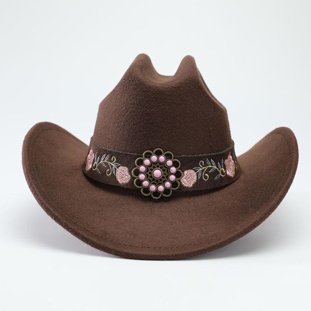 Soft Fedora Hat Floral Embroidery Sun Hat Vintage Felt Western Cowboy Hat Travel Outdoor