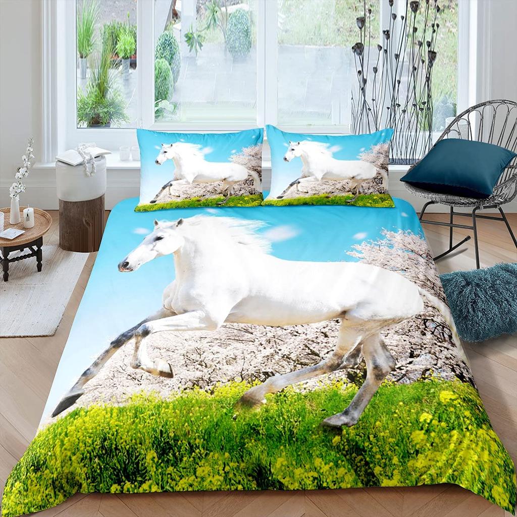 Белый конь Розовый цвет сакуры Король Полный Комплект Постельного Белья Акварельный Цветочный Пододеяльник Животный Пододеяльник Полиэстеровый Чехол для Одеяла