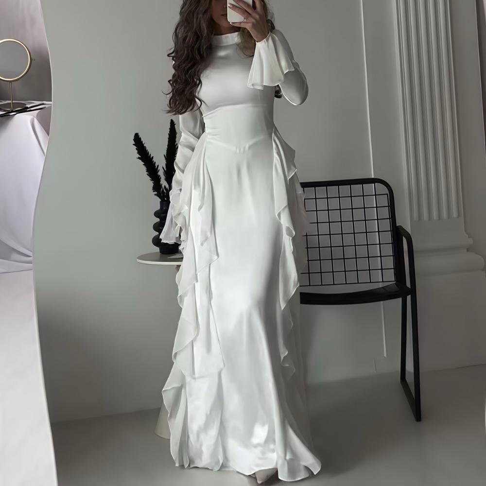 Women's Flare Sleeve Ruffle Dress Muslim Party Gowns Dubai Abaya Turkey Robe Elegant Female Robe Islamic Gown Autumn Fashion