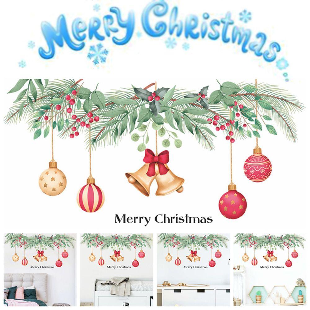 Sofa Background Home Decoration Red Berries Green Plant Branch Window Mural Merry Christmas Wall Stickers Bells Balls Decal
