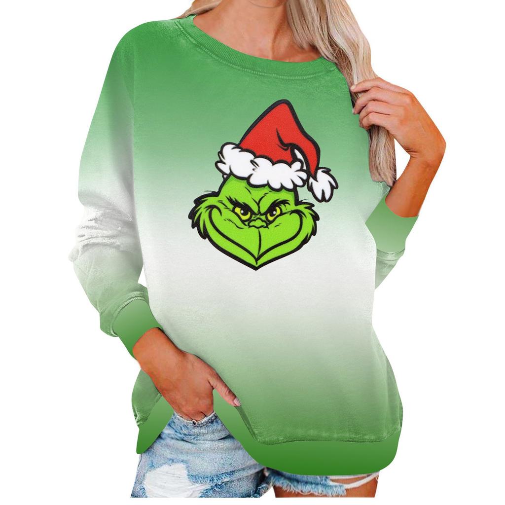 Женская рубашка, повседневная футболка с длинными рукавами и рождественским принтом, круглый вырез и нашивка, топ