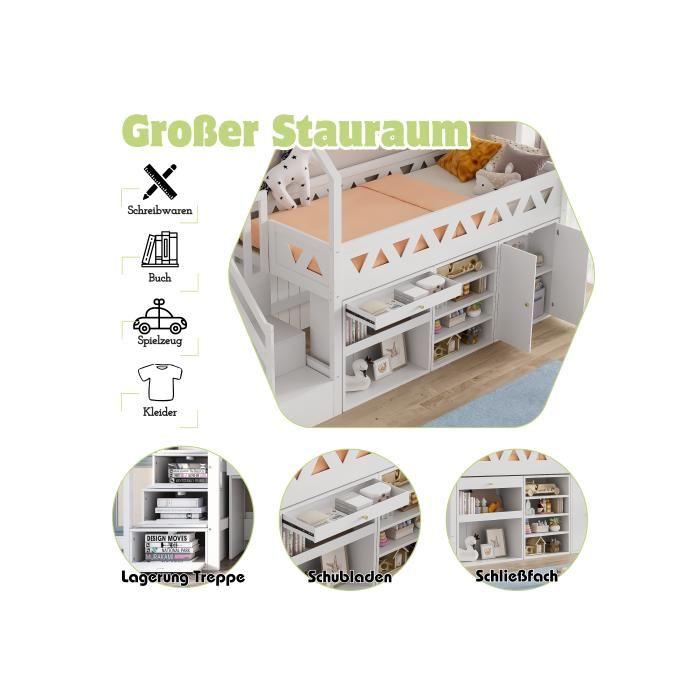 Lit d'enfant - MUVOE - 90x200 - Bois massif - Avec toboggan et tiroirs - Blanc