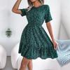 Spring Summer Women Casual O Neck Short Sleeve Polka Dot Waist Ruffle Dress S-XL