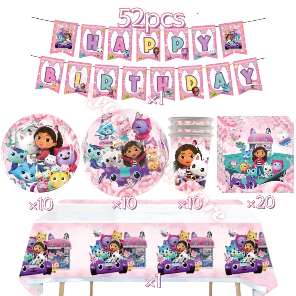 Gabby Dollhouse Birthday Party Decoration Gabby Tableware Bracelets Stikers Cake Topper Balloons For Kids Party Gift Photo Booth