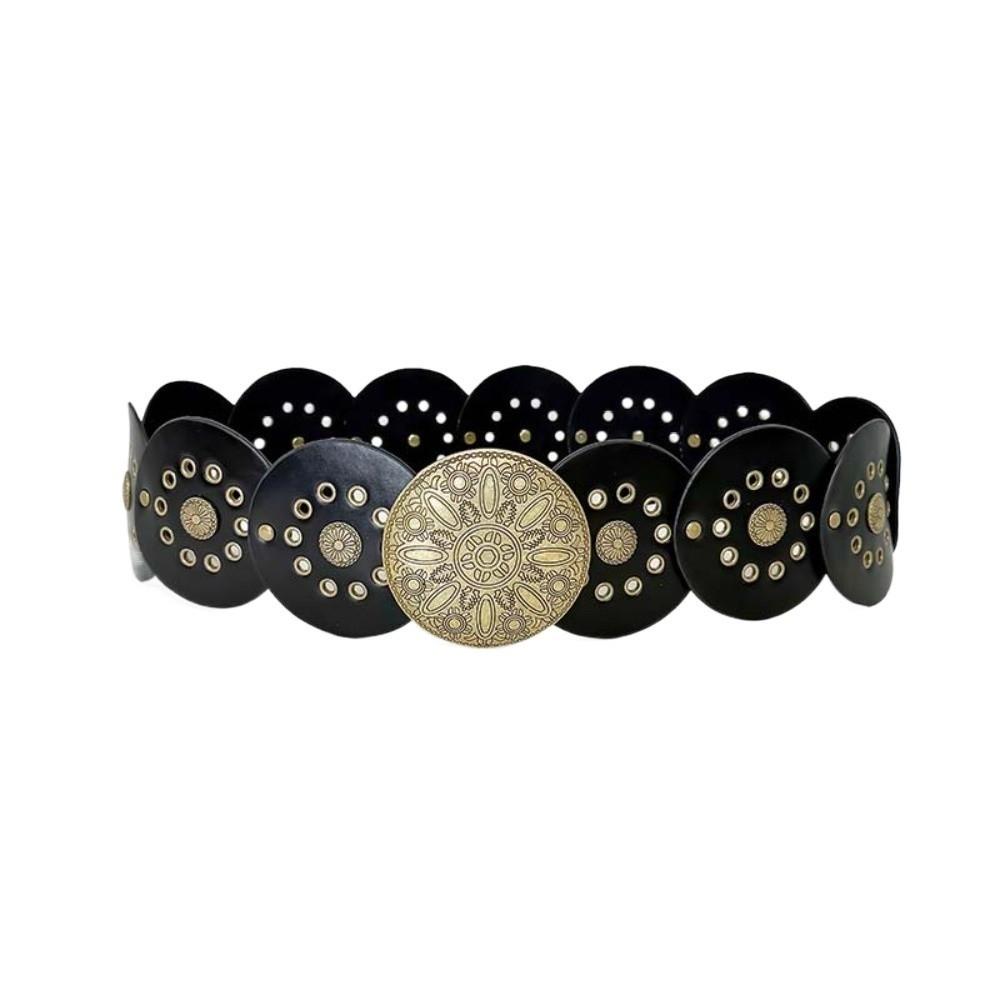 Zinc Zinc Alloy Ethnic Style Rivet Belt Y2K Disc PU Hollow Waistband Vintage Concho Wide Belt  Waist Seal