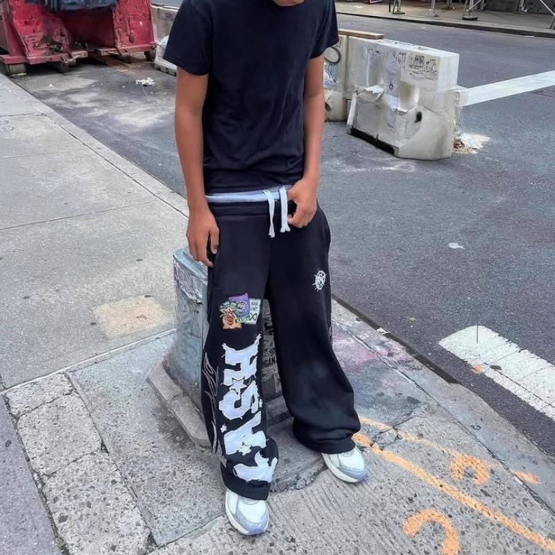 Европейский и американский уличный тренд мужские и женские свободные повседневные прямые брюки из вышитой ткани с принтом