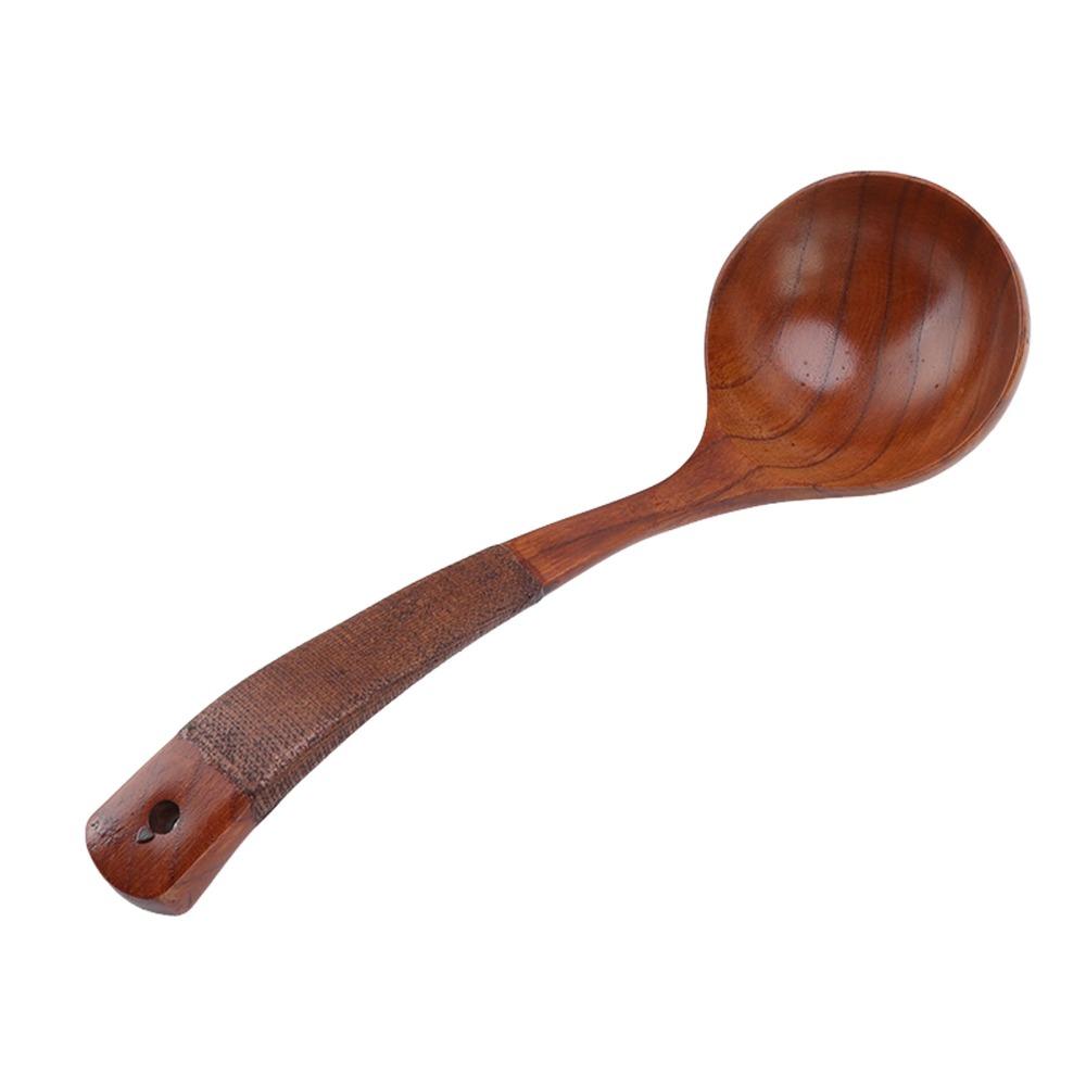 Solid Wood Soup Spoon Smooth Surface Fabric Decoration Cooking Scoop Long Handle Round Wide Spoon Head Food Ladle Kitchen