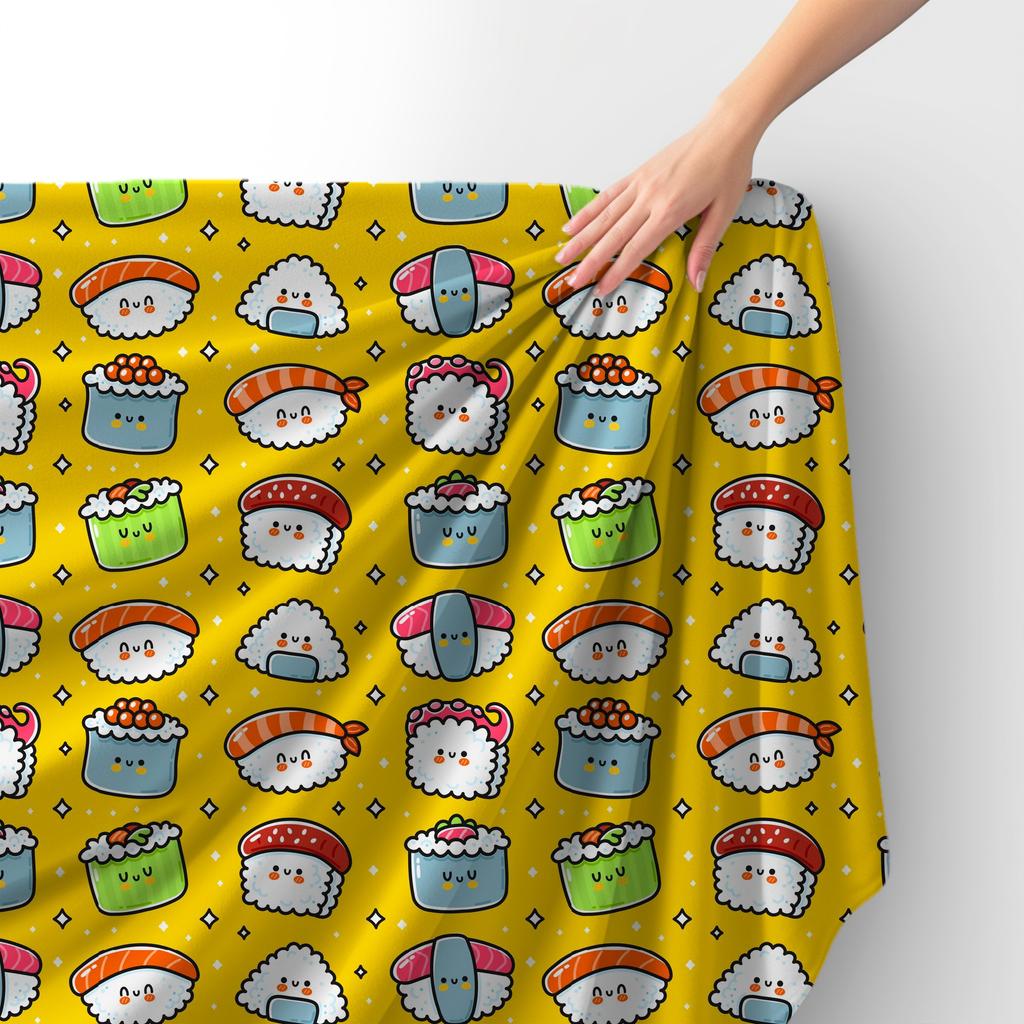 Royal Samt Stoff Polyester Zum Nähen - Motiv Sushi Auf Gelbem