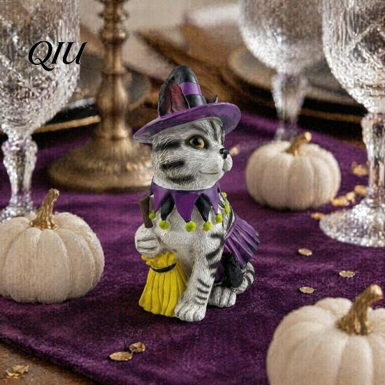 Creative Resin Craft for Home Halloween Ornament, Witch Black Cat Pumpkin Shape, Durable Synthetic Atmosphere Table Centerpiece Weather Resistant