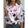 Ladies Casual Long Sleeve Shirt, Halloween Pumpkin Ghost Wizard Hat, Bat, Button Collar, Machine Washable
