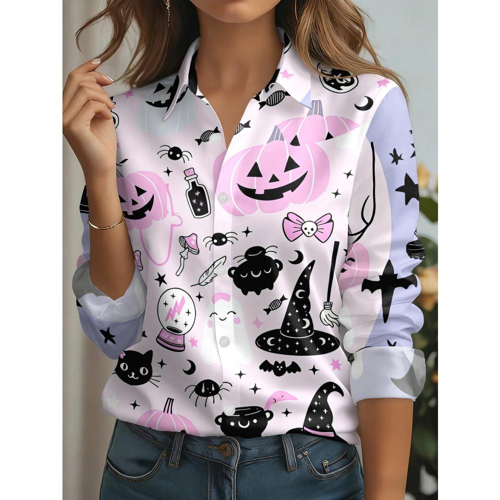 Ladies Casual Long Sleeve Shirt, Halloween Pumpkin Ghost Wizard Hat, Bat, Button Collar, Machine Washable