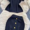 Summer Women Gold Button Knitted Sweater Outfits Short Sleeve Pullover Top and Midi Bodycon Skirt Two Piece Set