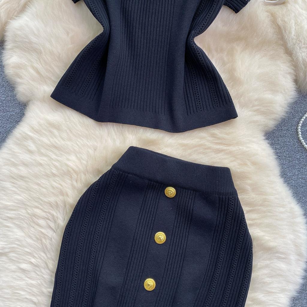 Summer Women Gold Button Knitted Sweater Outfits Short Sleeve Pullover Top and Midi Bodycon Skirt Two Piece Set