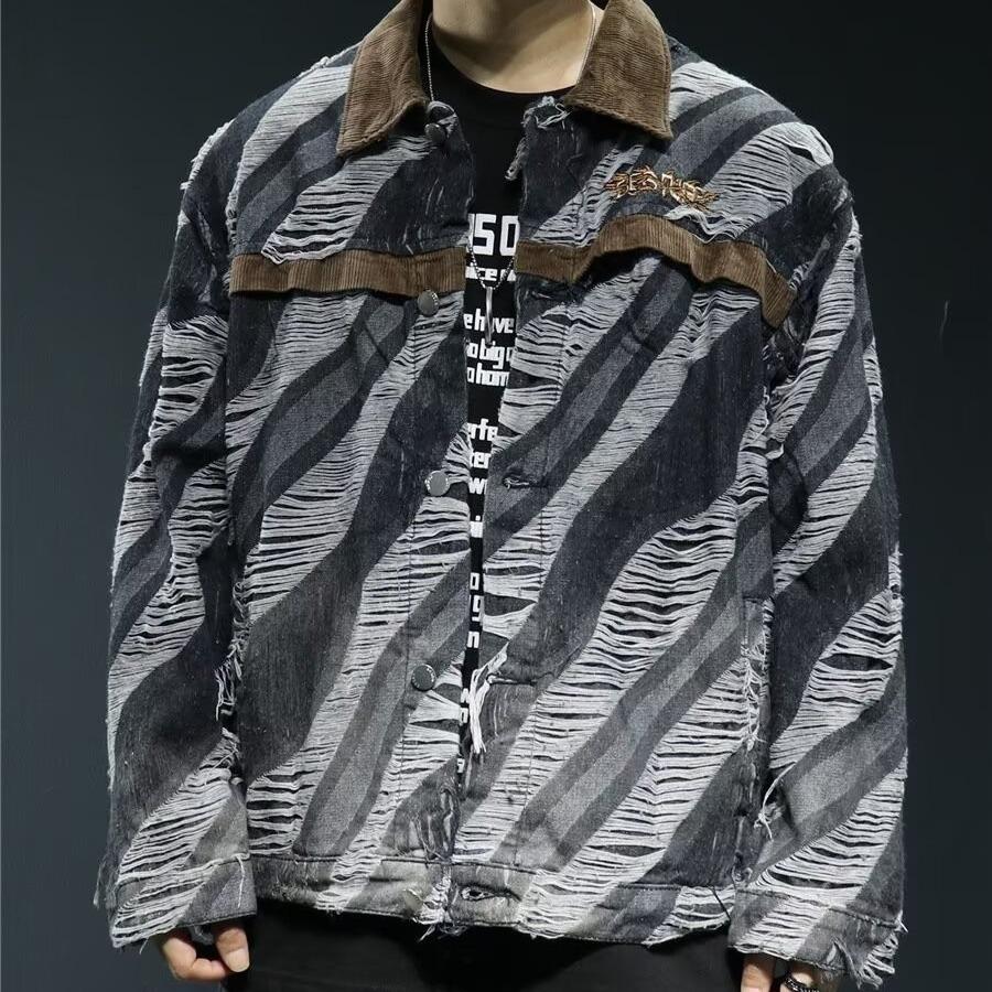 Zebra Pattern Jacket Men'S And Women'S Trendy Brand Ripped Retro Splicing Corduroy Lapel 24 Tooling Jacket