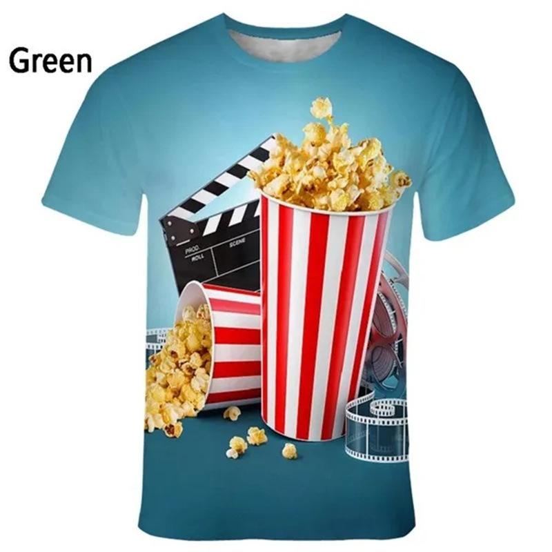 Popcorn 3D Printed Short Sleeved T-shirt Summer Breathable Polyester Simple Round Neck Top