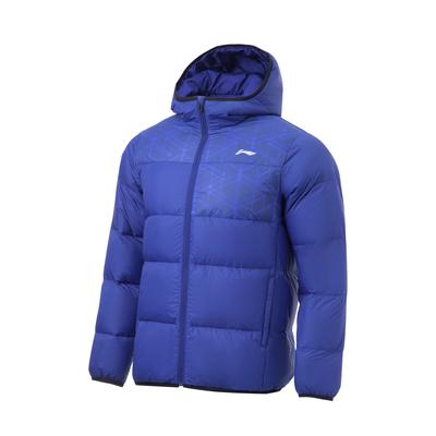 Теплая ветрозащитная мужская куртка для настольного тенниса Li Ning с цветным блоком и логотипом, короткая, с капюшоном, королевского синего цвета AYMT023-1