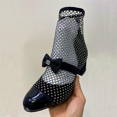 Мода Весна Лето 2025новый Стразы Бантик Сексуальные Сетчатые Ботильоны Высокий Каблук Стиль Маленького Аромата Сандалии Европа Америка Большой Размер 45 46