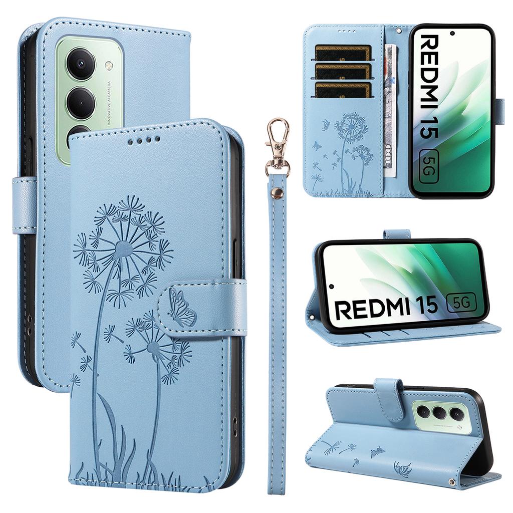 Для Xiaomi Redmi 15 4G (США) (171 мм) Кожаный чехол-кошелек с ремешком, тиснение «Одуванчик», подставка для телефона