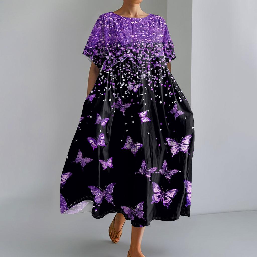 Женское модное свободное платье с большим карманом и круглым вырезом с градиентным принтом и короткими рукавами