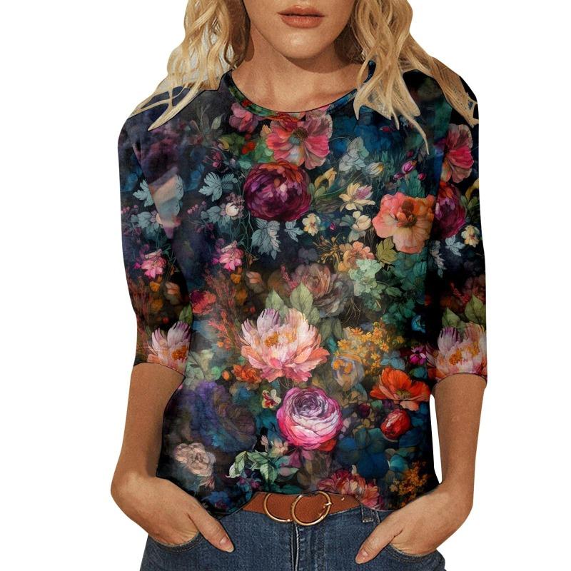Женская футболка с 3D-принтом, винтажным цветочным принтом, повседневная, с длинным рукавом, круглым вырезом, обычный топ, с повседневным принтом, розовая, весна и осень