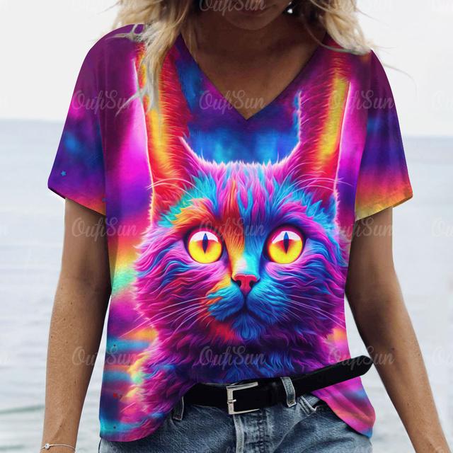 Летняя модная женская одежда с v-образным вырезом, большие размеры, футболки с короткими рукавами, женская повседневная футболка с принтом животных, трендовая милая блузка