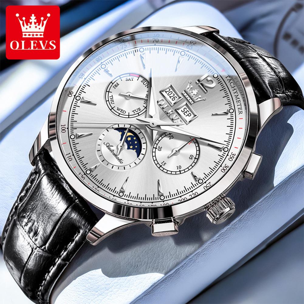 OLEVS New Men's Watches Fashion Luxury Leather Strap Original Perpetual Calendar Moon Phase Automatic Mechanical Watch 7128