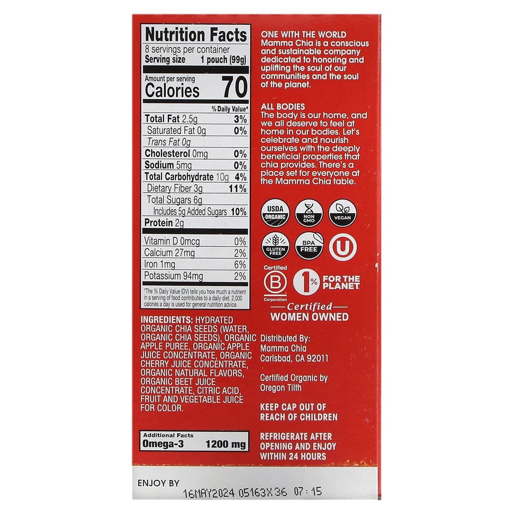 Mamachia Chia Squeeze Vitality Snack, Cherry Beet Flavor, 8 Pouches x 99g (3.5oz)