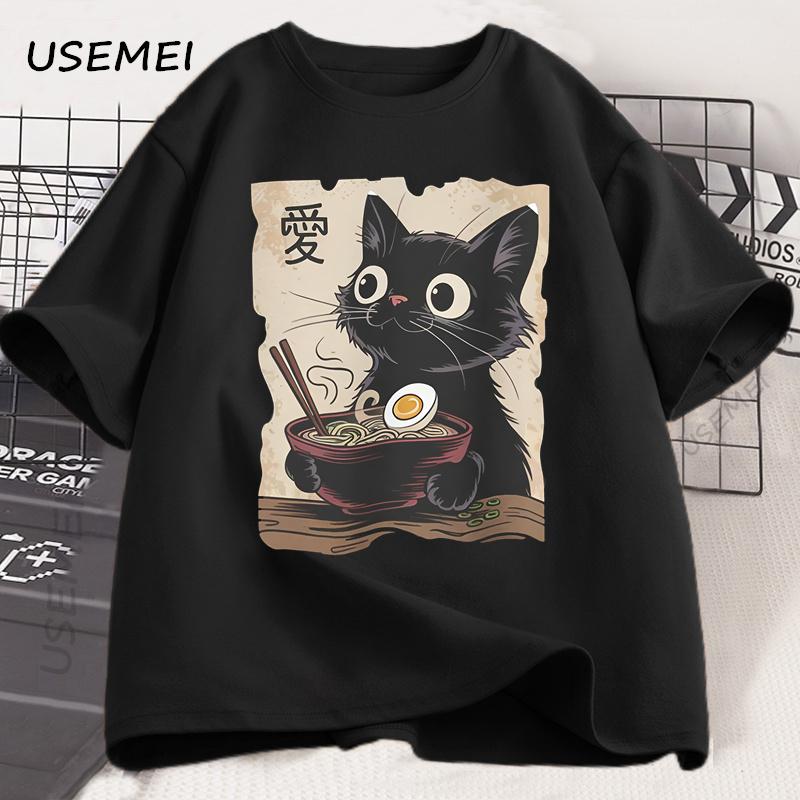 Смешная футболка с котом и раменом, графическая футболка, японская каваий аниме футболка с котом, мужская, женская, повседневная, с коротким рукавом, хлопковая футболка